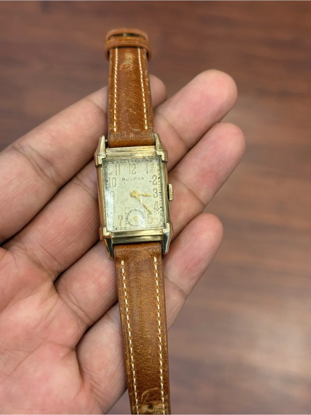 Bulova vintage 10k gold  Rectangular  Watch with Brown Leather Strap rare unisex